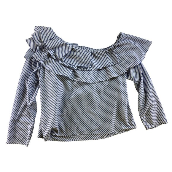 Gap XL Off-The-Shoulder Blue & White Striped Ruffle Blouse 100%‎ Cotton Eighties - Picture 8 of 8